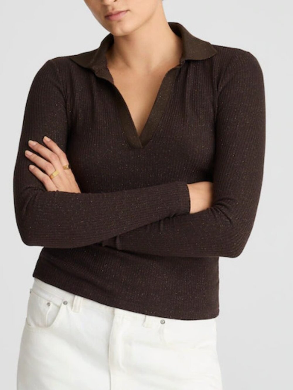 [NWT] Madewell Sparkle Long-Sleeve Polo Top in Molasses